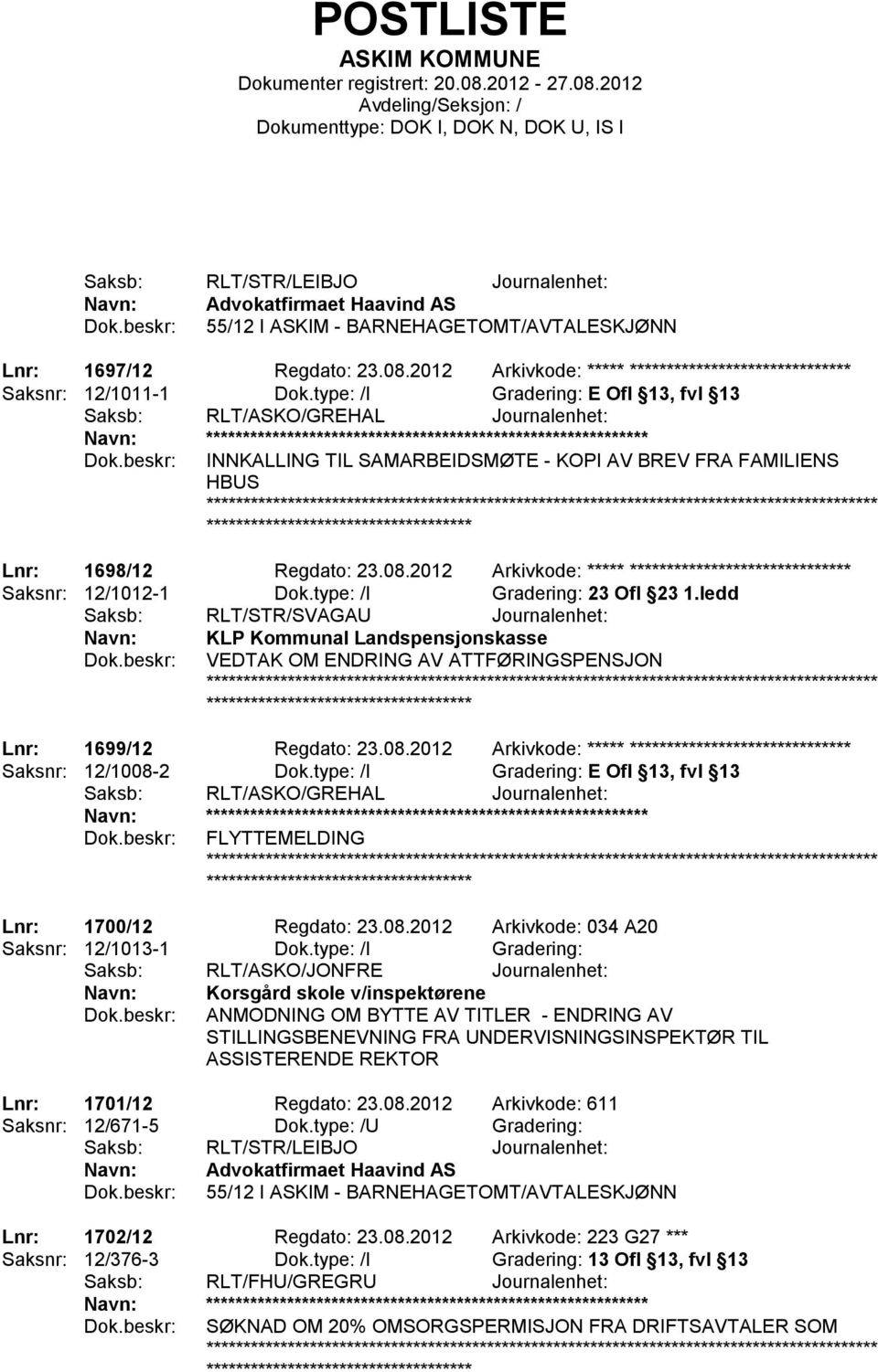 type: /I Gradering: E Ofl 13, fvl 13 Saksb: RLT/ASKO/GREHAL Journalenhet: ************************ INNKALLING TIL SAMARBEIDSMØTE - KOPI AV BREV FRA FAMILIENS HBUS ******************* Lnr: 1698/12