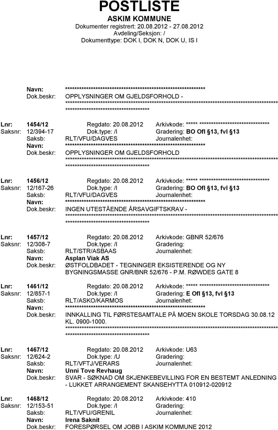 2012 Arkivkode: ***** ****************************** Saksnr: 12/167-26 Dok.