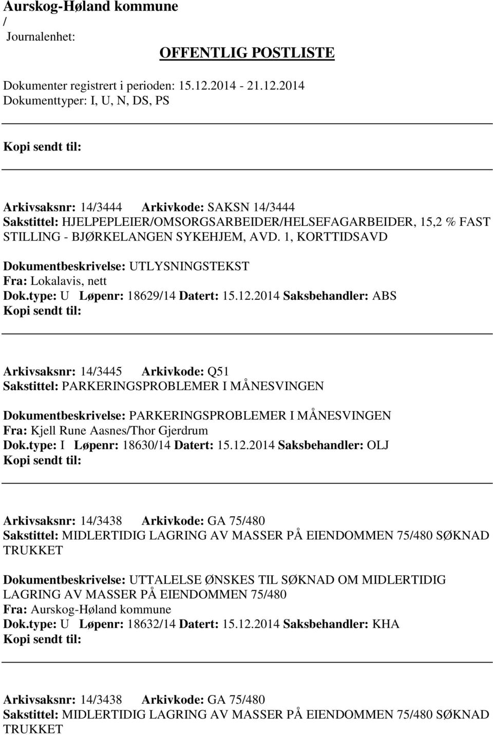 2014 Saksbehandler: ABS Arkivsaksnr: 143445 Arkivkode: Q51 Sakstittel: PARKERINGSPROBLEMER I MÅNESVINGEN Dokumentbeskrivelse: PARKERINGSPROBLEMER I MÅNESVINGEN Fra: Kjell Rune AasnesThor Gjerdrum Dok.