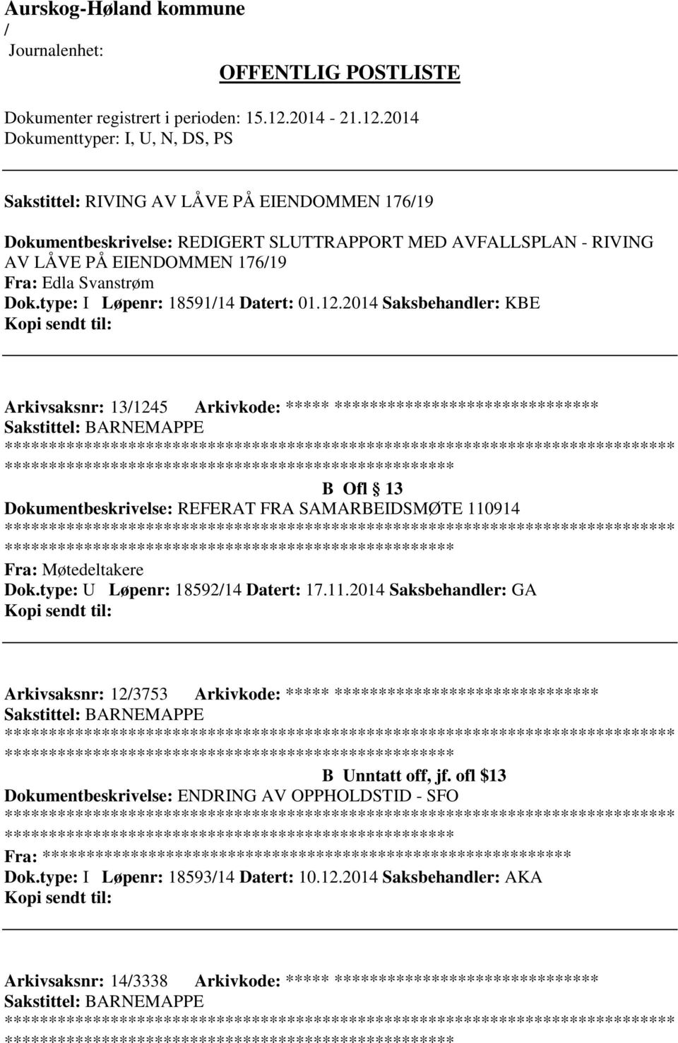 2014 Saksbehandler: KBE Arkivsaksnr: 131245 Arkivkode: ***** ****************************** B Ofl 13 Dokumentbeskrivelse: REFERAT FRA SAMARBEIDSMØTE 110914 Fra: Møtedeltakere Dok.