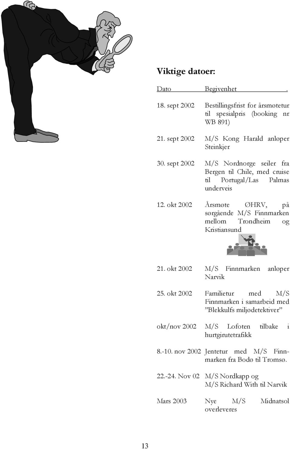 okt 2002 Årsmøte ØHRV, på sørgående M/S Finnmarken mellom Trondheim og Kristiansund 21. okt 2002 M/S Finnmarken anløper Narvik 25.