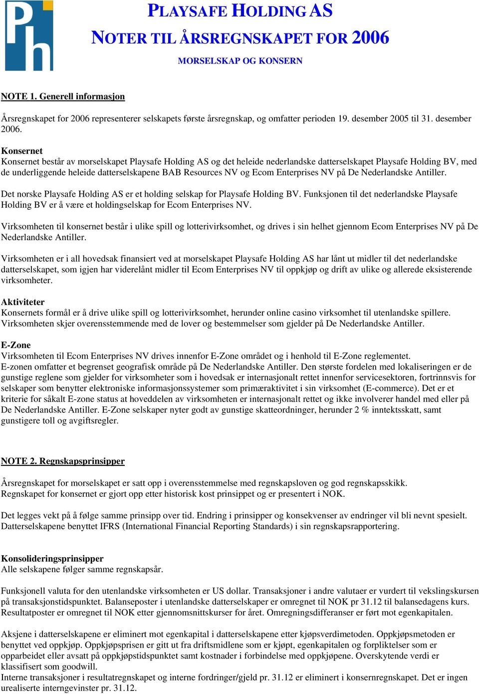 Enterprises NV på De Nederlandske Antiller. Det norske Playsafe Holding AS er et holding selskap for Playsafe Holding BV.