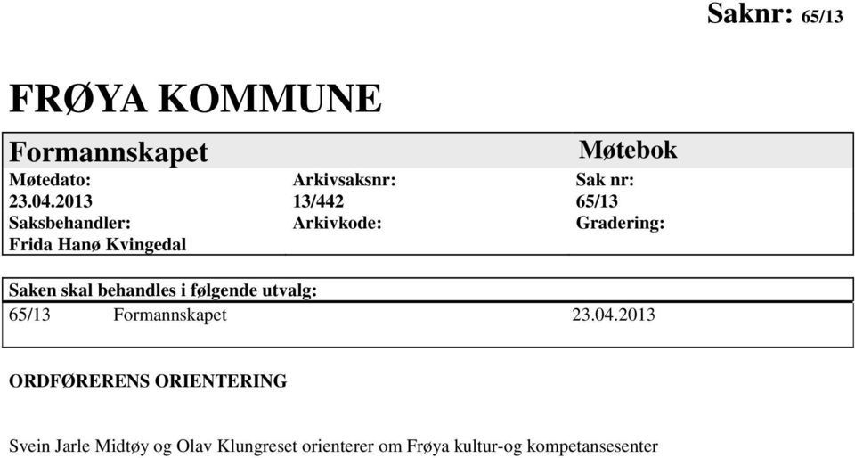 nr: 65/13 Gradering: Saken skal behandles i følgende utvalg: 65/13 Formannskapet 23.