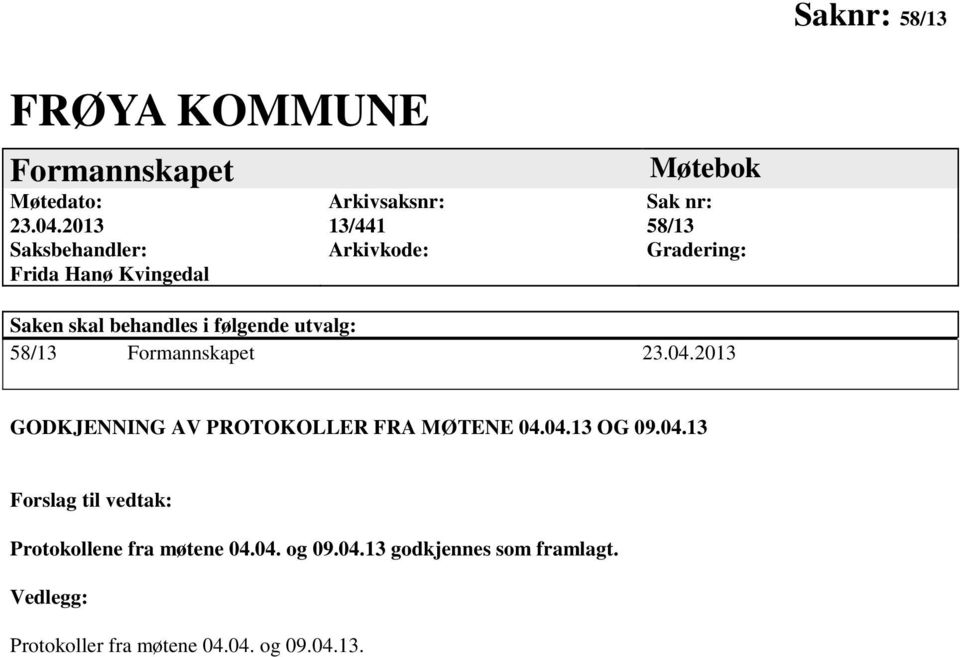 Saken skal behandles i følgende utvalg: 58/13 Formannskapet 23.04.