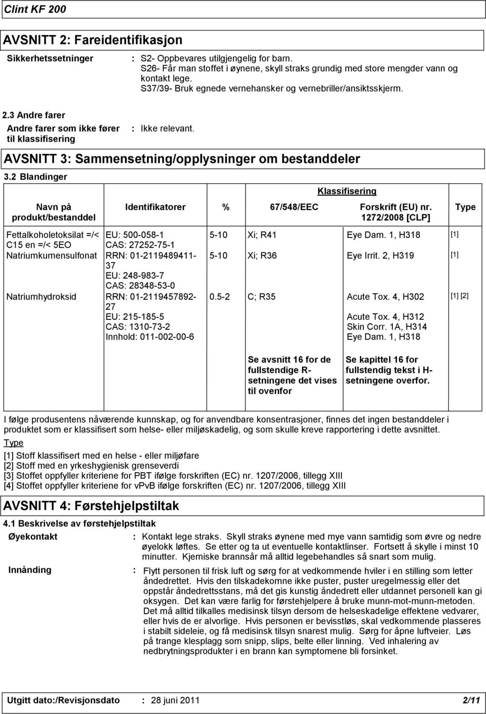 2 Blandinger Navn på produkt/bestanddel Klassifisering Identifikatorer % 67/548/EEC Forskrift (EU) nr.