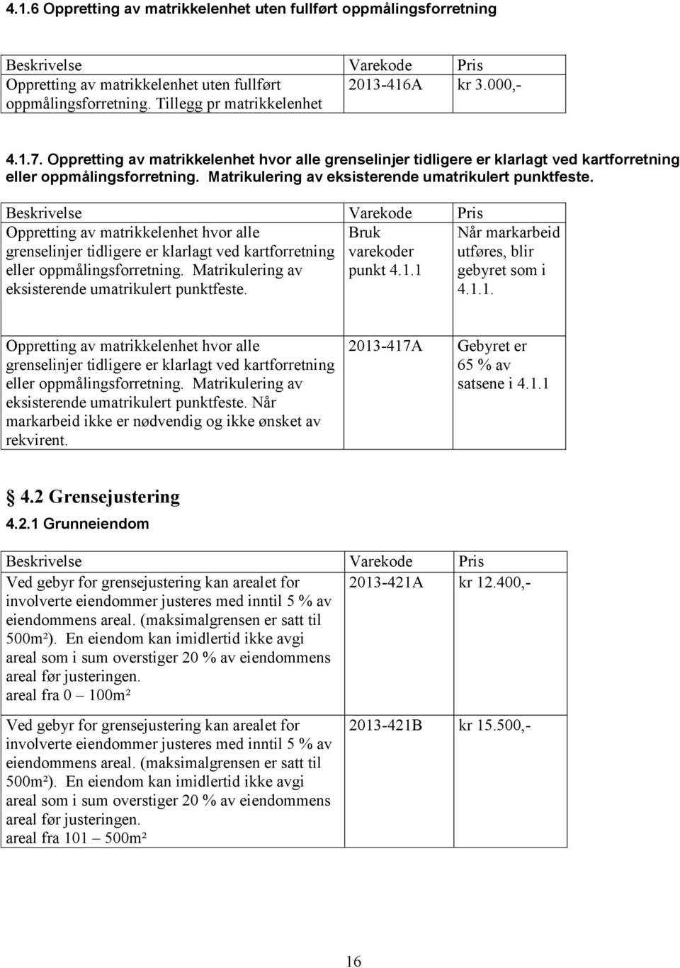 Bruk varekoder punkt 4.1.1 Når markarbeid utføres, blir gebyret som i 4.1.1.  Når markarbeid ikke er nødvendig og ikke ønsket av rekvirent. 2013-417A Gebyret er 65 % av satsene i 4.1.1 4.