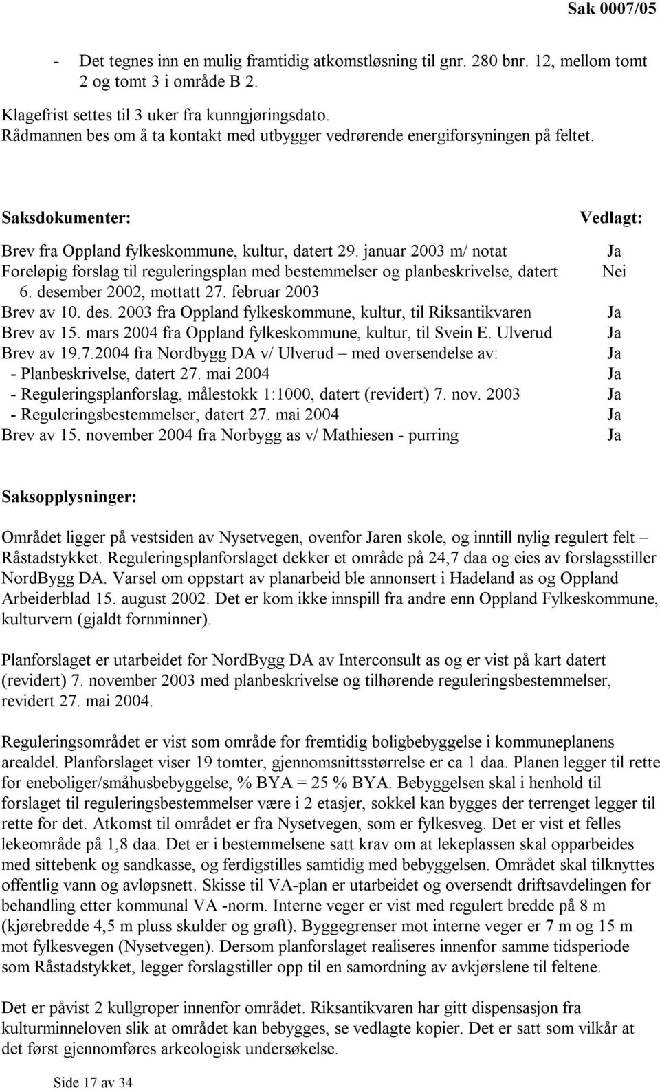 januar 2003 m/ notat Foreløpig forslag til reguleringsplan med bestemmelser og planbeskrivelse, datert 6. desember 2002, mottatt 27. februar 2003 Brev av 10. des. 2003 fra Oppland fylkeskommune, kultur, til Riksantikvaren Brev av 15.