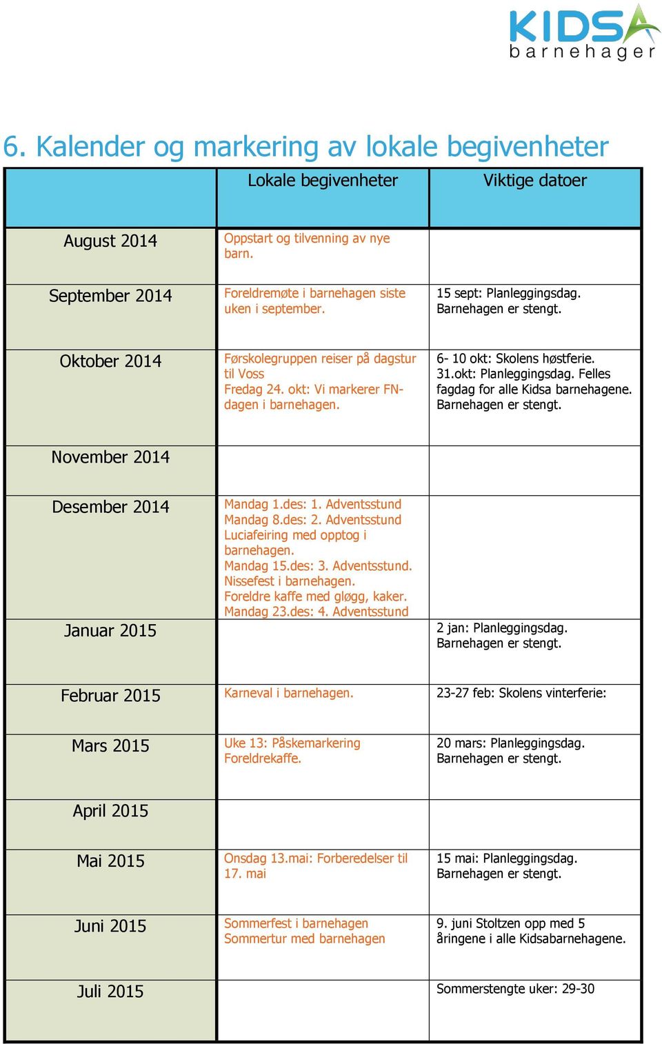 okt: Planleggingsdag. Felles fagdag for alle Kidsa barnehagene. Barnehagen er stengt. November 2014 Desember 2014 Januar 2015 Mandag 1.des: 1. Adventsstund Mandag 8.des: 2.