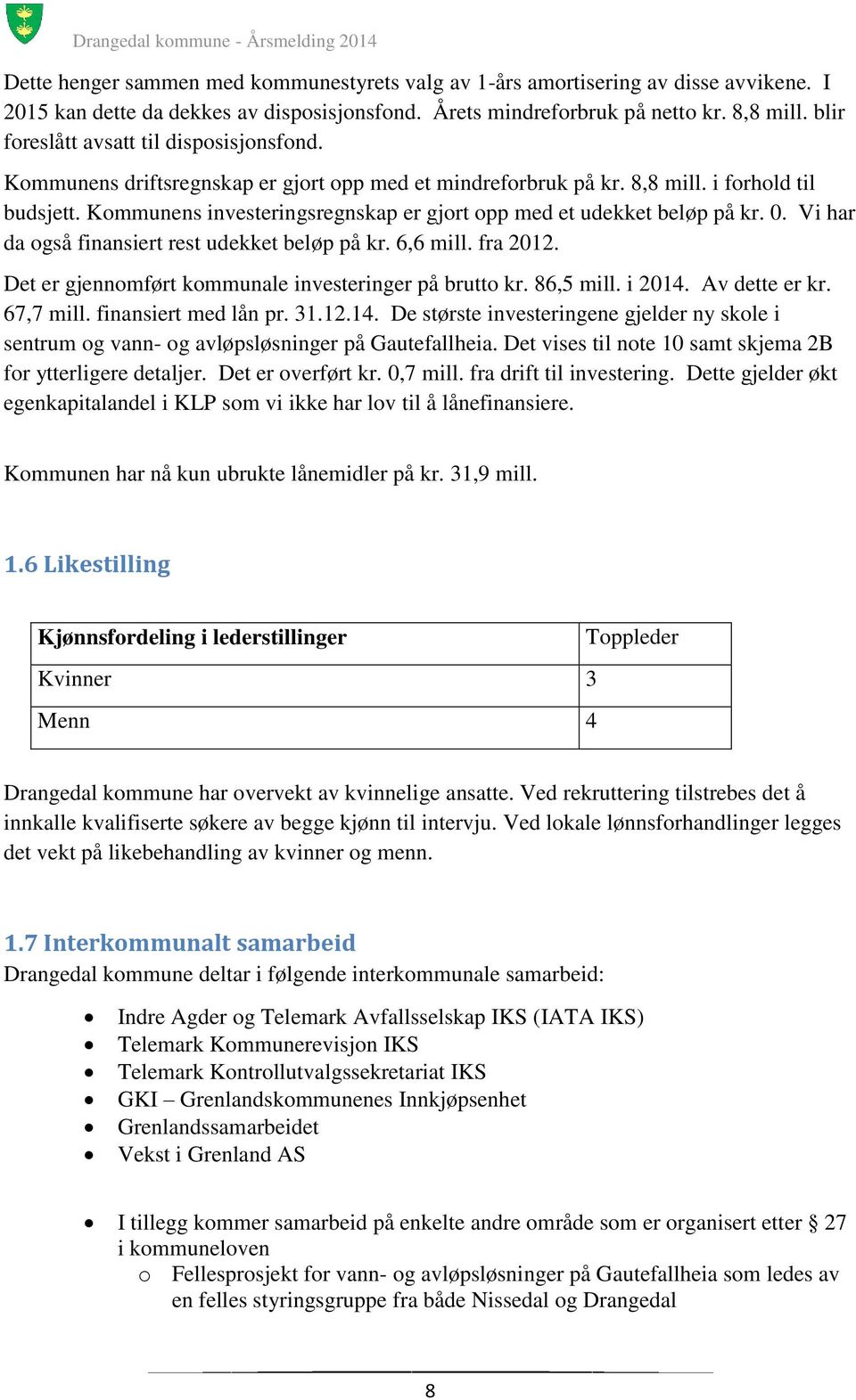 Kommunens investeringsregnskap er gjort opp med et udekket beløp på kr. 0. Vi har da også finansiert rest udekket beløp på kr. 6,6 mill. fra 2012.