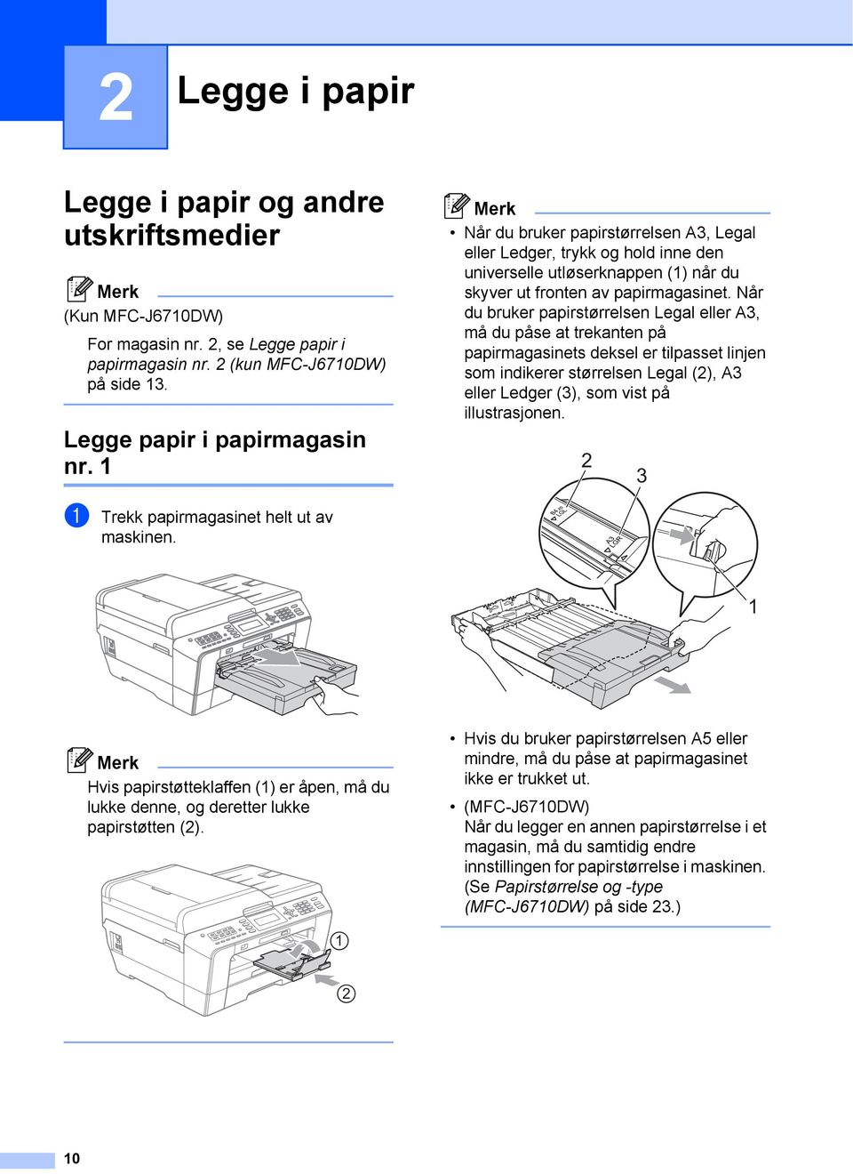 2 Når du bruker papirstørrelsen A3, Legal eller Ledger, trykk og hold inne den universelle utløserknappen () når du skyver ut fronten av papirmagasinet.