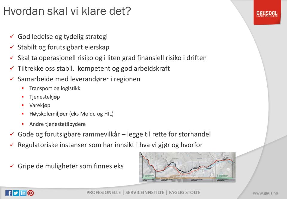 driften Tiltrekke oss stabil, kompetent og god arbeidskraft Samarbeide med leverandører i regionen Transport og logistikk