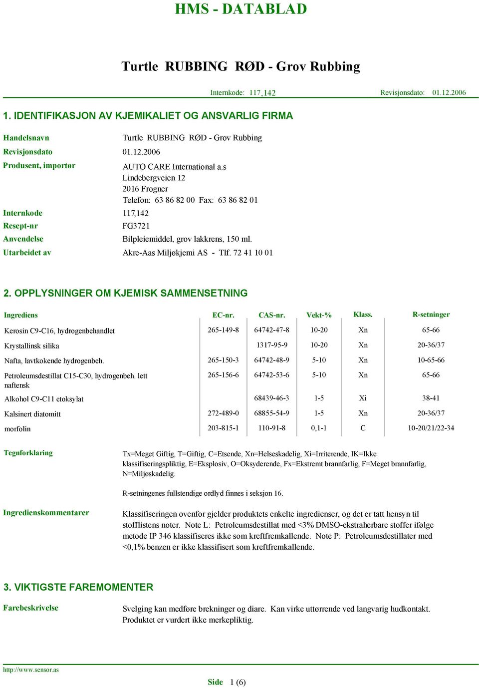 OPPLYSNINGER OM KJEMISK SAMMENSETNING Ingrediens EC-nr. CAS-nr. Vekt-% Klass. R-setninger Kerosin C9-C16, hydrogenbehandlet Krystallinsk silika Nafta, lavtkokende hydrogenbeh.