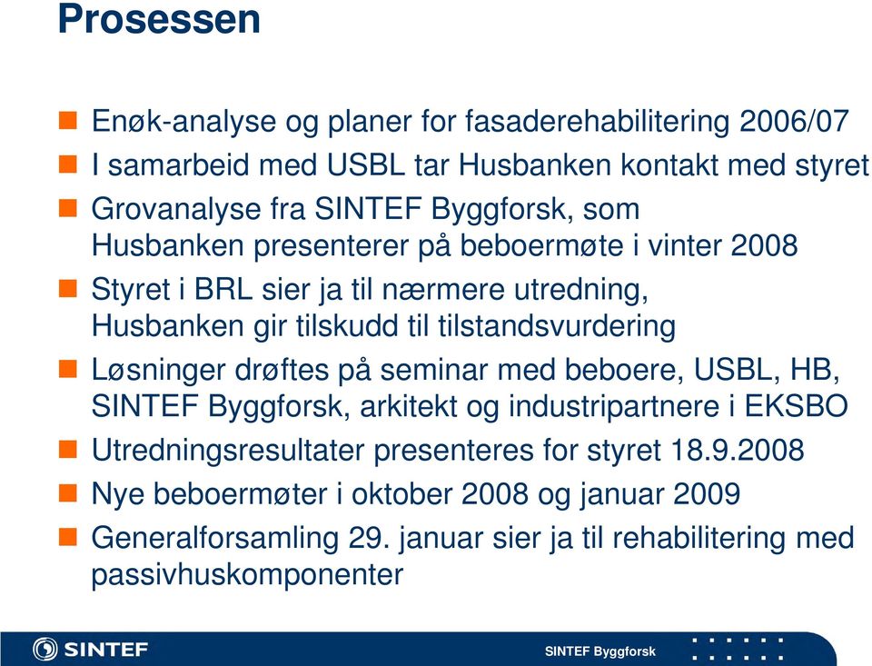 tilstandsvurdering Løsninger drøftes på seminar med beboere, USBL, HB,, arkitekt og industripartnere i EKSBO Utredningsresultater