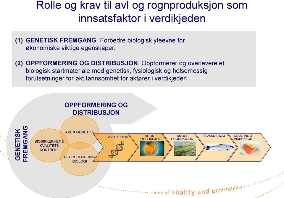 Oppformerer og overlevere et biologisk startmateriale med genetisk, fysiologisk og helsemessig forutsetninger for økt lønnsomhet for