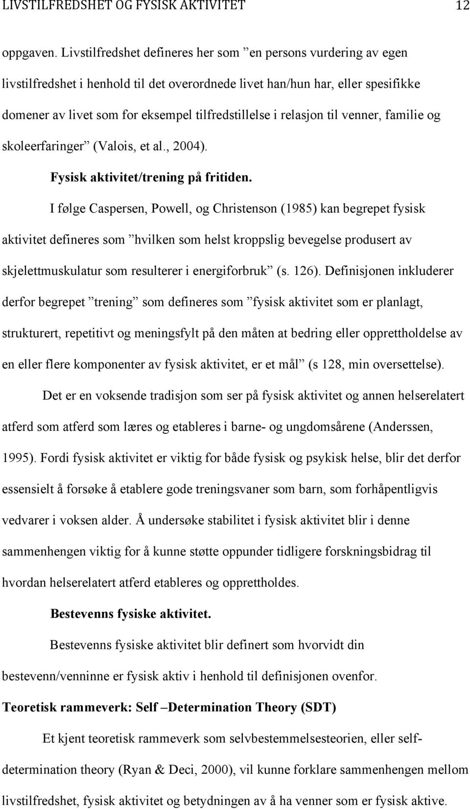 relasjon til venner, familie og skoleerfaringer (Valois, et al., 2004). Fysisk aktivitet/trening på fritiden.