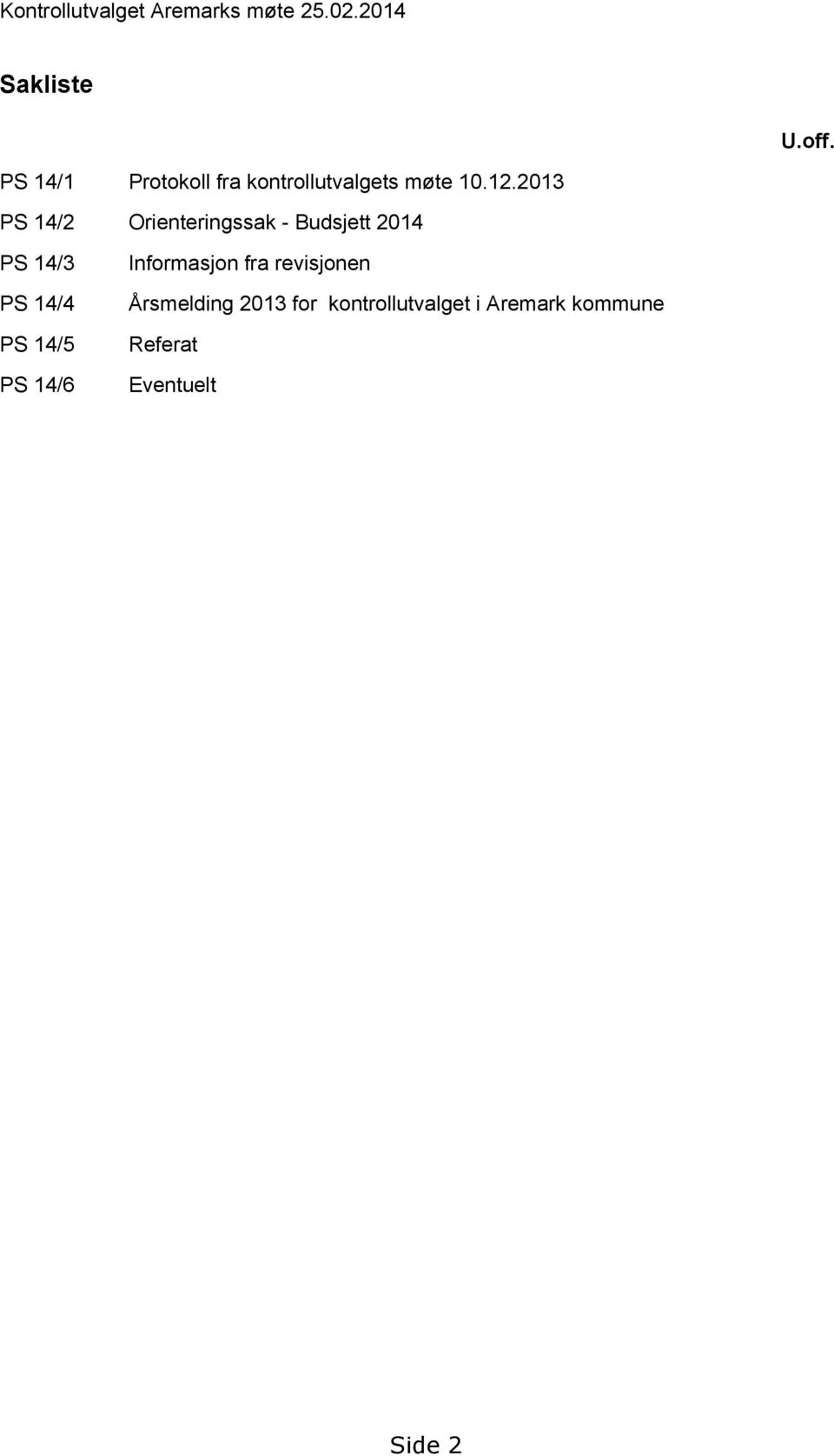 2013 PS 14/2 Orienteringssak - Budsjett 2014 PS 14/3 PS 14/4 PS 14/5 PS