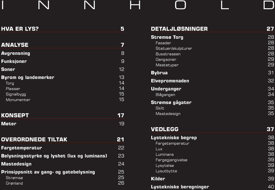 Fargetemperatur 22 Belysningsstyrke og lyshet (lux og luminans) 23 Mastedesign 24 Prinsippsnitt av gang- og gatebelysning 25 Strømsø 25 Grønland 26 Detaljløsninger 27 Strømsø