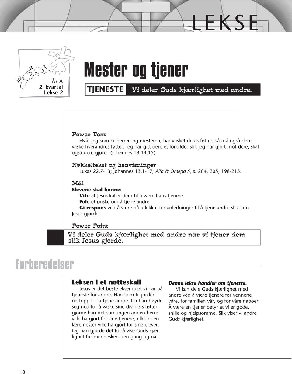 Jeg har gitt dere et forbilde: Slik jeg har gjort mot dere, skal også dere gjøre» (Johannes 13,14.15). Nøkkeltekst og henvisninger Lukas 22,7-13; Johannes 13,1-17; Alfa & Omega 5, s.