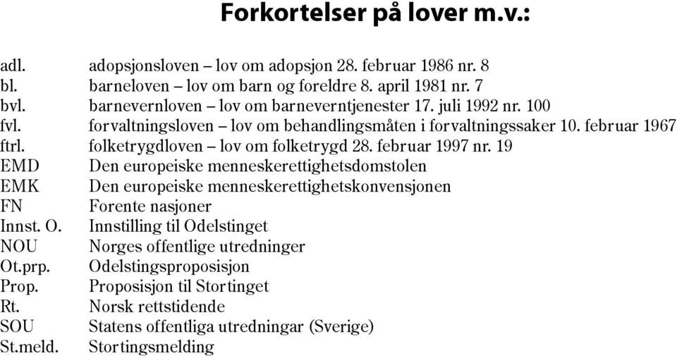 folketrygdloven lov om folketrygd 28. februar 1997 nr. 19 EMD Den europeiske menneskerettighetsdomstolen EMK Den europeiske menneskerettighetskonvensjonen FN Forente nasjoner Innst. O.