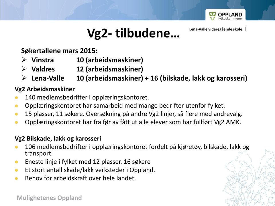 Oversøkning på andre Vg2 linjer, så flere med andrevalg. Opplæringskontoret har fra før av fått ut alle elever som har fullført Vg2 AMK.