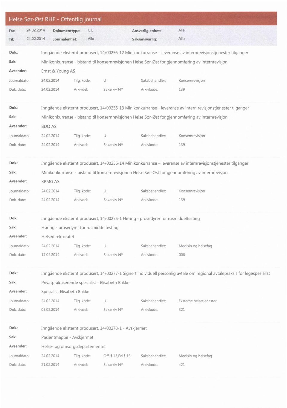 internrevisjon Ernst & Young AS Journaldato: 24.02.2014 T lg. kode: U Saksbehandler: Konsernrevisjon Dok. dato: 24.02.2014 Arkivdel: Sakarkiv NY Arkivkode: 139 Dok.