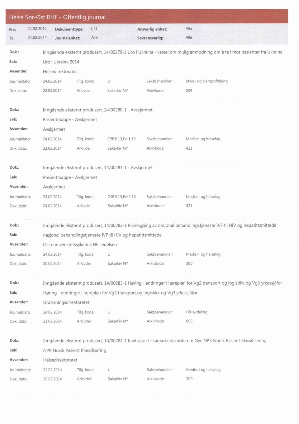 : Inngående eksternt produsert, 14/00280-1 - Avskjermet Pasientmappe - Avskjermet Avskjermet Journaldato: 24.02.2014 Tilg. kode: Offl 13,Fv1 13 Saksbehandler: Medisin og helsefag Dok. dato: 23.02.2014 Arkivdel: Sakarkiv NY Arkivkode: 421 Dok.