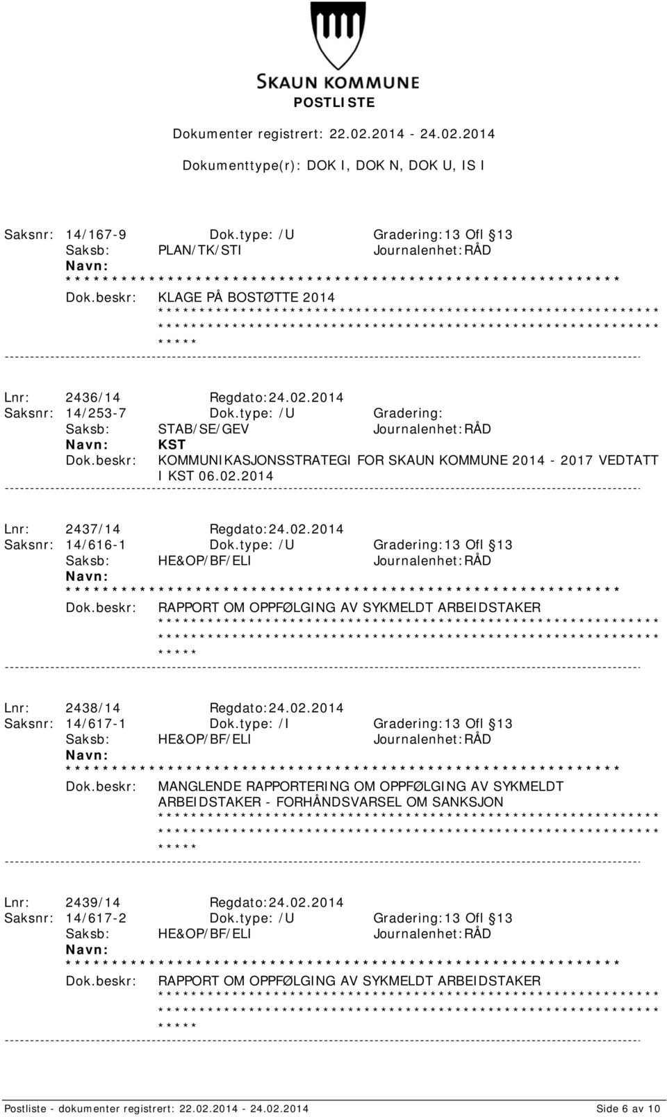 type: /U Gradering:13 Ofl 13 Saksb: HE&OP/BF/ELI Journalenhet:RÅD RAPPORT OM OPPFØLGING AV SYKMELDT ARBEIDSTAKER Lnr: 2438/14 Regdato:24.02.2014 Saksnr: 14/617-1 Dok.