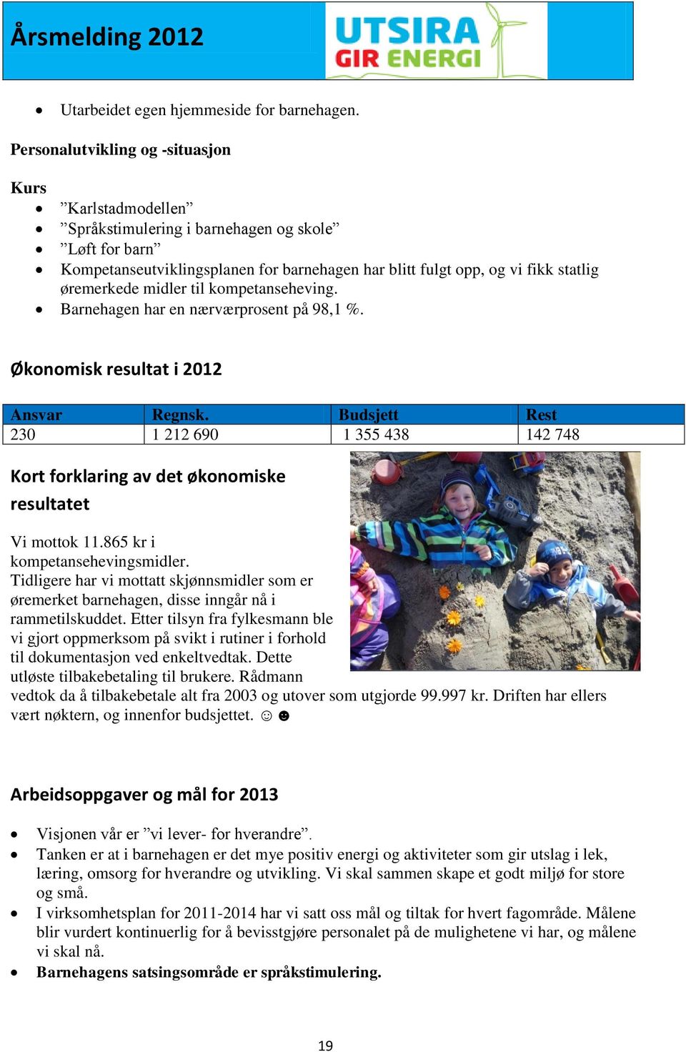 midler til kompetanseheving. Barnehagen har en nærværprosent på 98,1 %. Økonomisk resultat i 2012 Ansvar Regnsk.