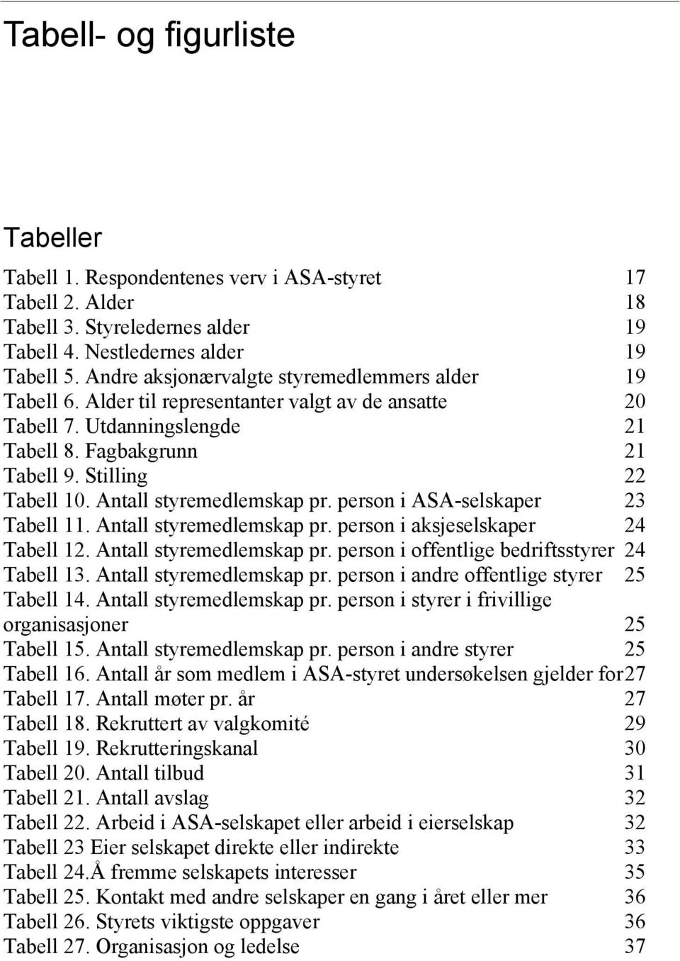 Antall styremedlemskap pr. person i ASA-selskaper 23 Tabell 11. Antall styremedlemskap pr. person i aksjeselskaper 24 Tabell 12. Antall styremedlemskap pr. person i offentlige bedriftsstyrer 24 Tabell 13.