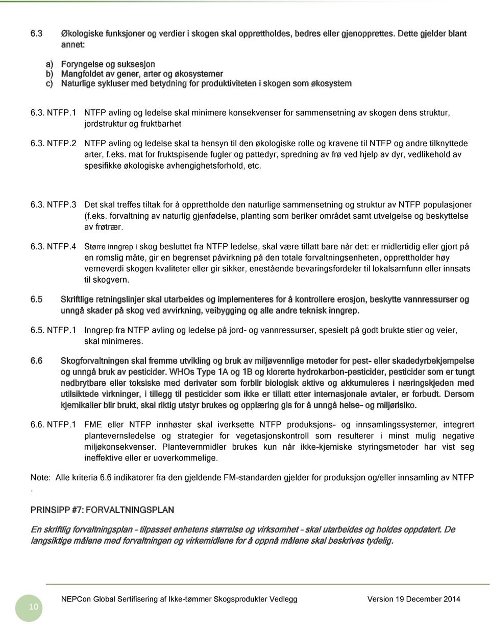 1 NTFP avling og ledelse skal minimere konsekvenser for sammensetning av skogen dens struktur, jordstruktur og fruktbarhet 6.3. NTFP.2 NTFP avling og ledelse skal ta hensyn til den økologiske rolle og kravene til NTFP og andre tilknyttede arter, f.