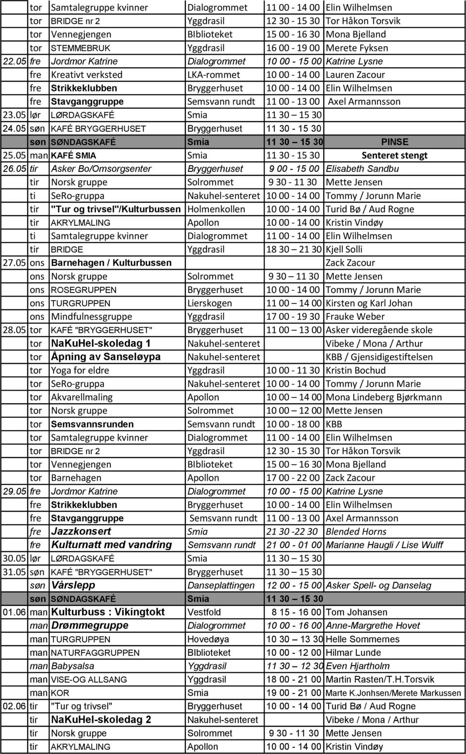 05 fre Jordmor Katrine Dialogrommet 10 00-15 00 Katrine Lysne fre Kreativt verksted LKA-rommet 10 00-14 00 Lauren Zacour fre Strikkeklubben Bryggerhuset 10 00-14 00 Elin Wilhelmsen 23.