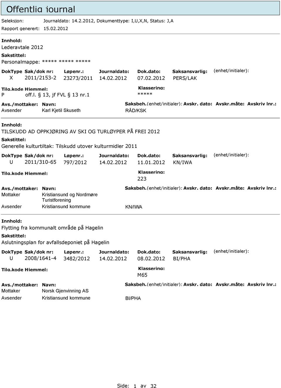 : Karl Kjetil Skuseth RÅD/KSK TLSKDD AD OPPKJØRNG AV SK OG TRLØYPER PÅ FRE 2012 Generelle kulturtiltak: Tilskudd utover kulturmidler 2011 2011/310-65 797/2012 11.01.2012 KN/WA 223 Avs.