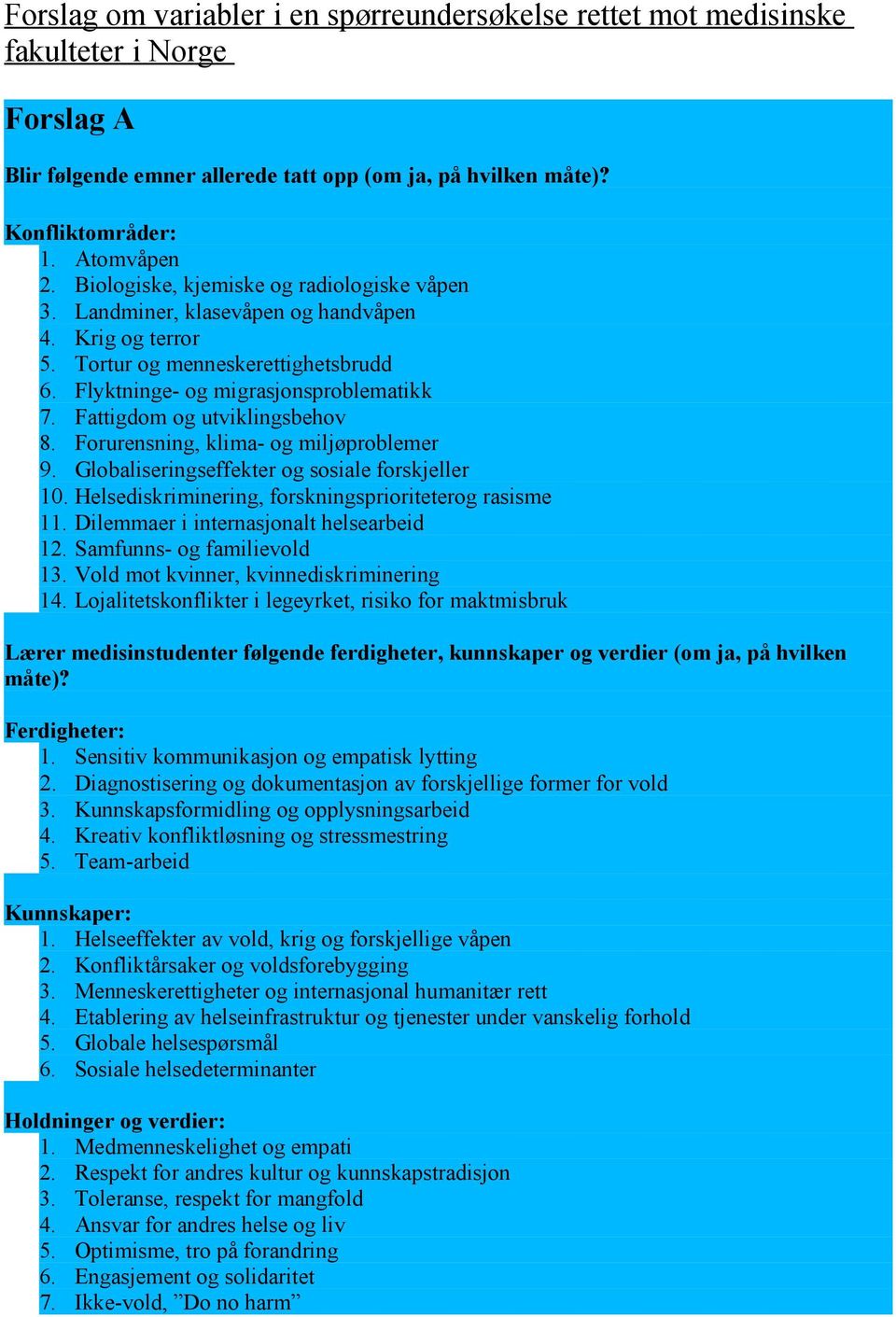 Fattigdom og utviklingsbehov 8. Forurensning, klima- og miljøproblemer 9. Globaliseringseffekter og sosiale forskjeller 10. Helsediskriminering, forskningsprioriteterog rasisme 11.