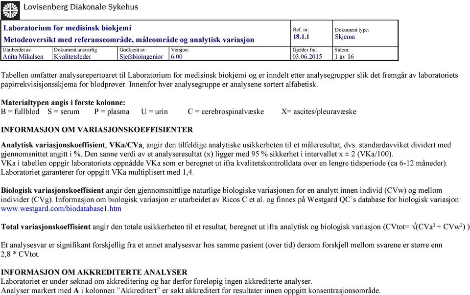 2015 Dokument type: Skjema Sidenr: 1 av 16 Tabellen omfatter analyserepertoaret til Laboratorium for medisinsk biokjemi og er inndelt etter analysegrupper slik det fremgår av laboratoriets