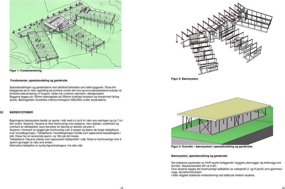 Byggene legges på 150mm betongplate på 250mm trykkfast isolasjon og komprimert fylling (pukk). Betongplaten forsterkes med bunndragere (400x350) under søyleradene.