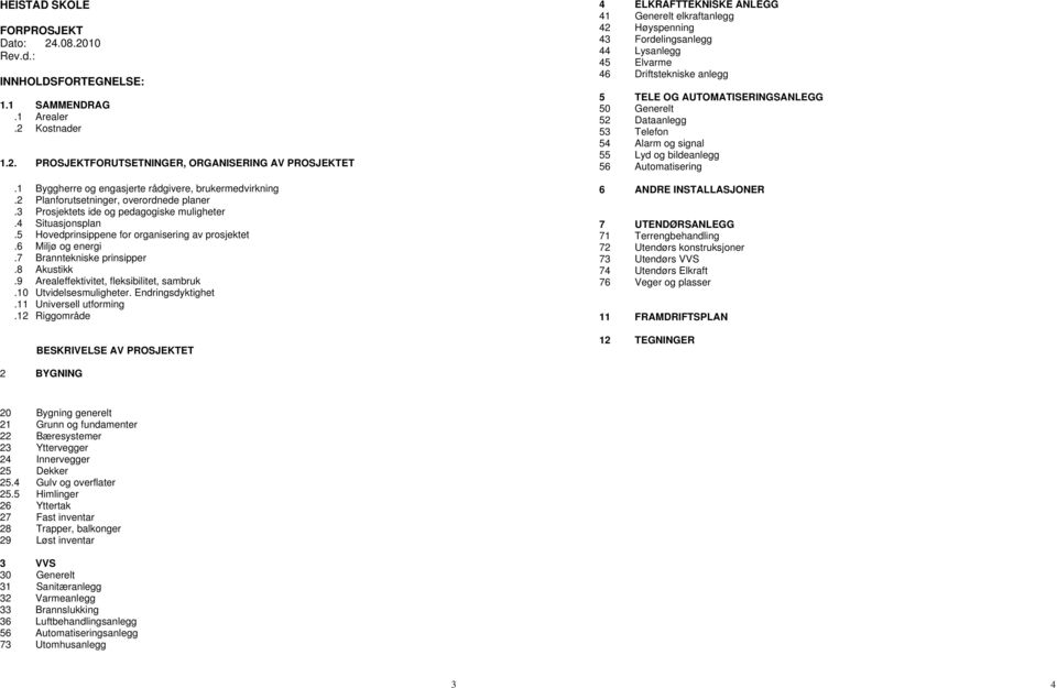 5 Hovedprinsippene for organisering av prosjektet.6 Miljø og energi.7 Branntekniske prinsipper.8 Akustikk.9 Arealeffektivitet, fleksibilitet, sambruk.10 Utvidelsesmuligheter. Endringsdyktighet.