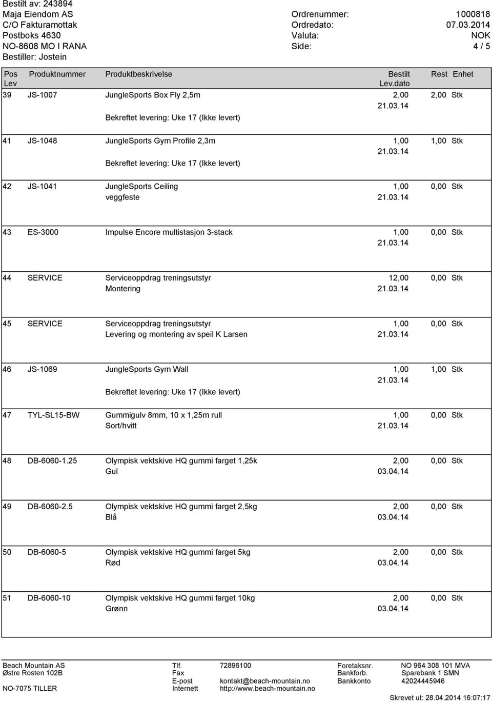 av speil K Larsen 46 JS-1069 JungleSports Gym Wall 1,00 1,00 Stk 47 TYL-SL15-BW Gummigulv 8mm, 10 x 1,25m rull 1,00 0,00 Stk Sort/hvitt 48 DB-6060-1.