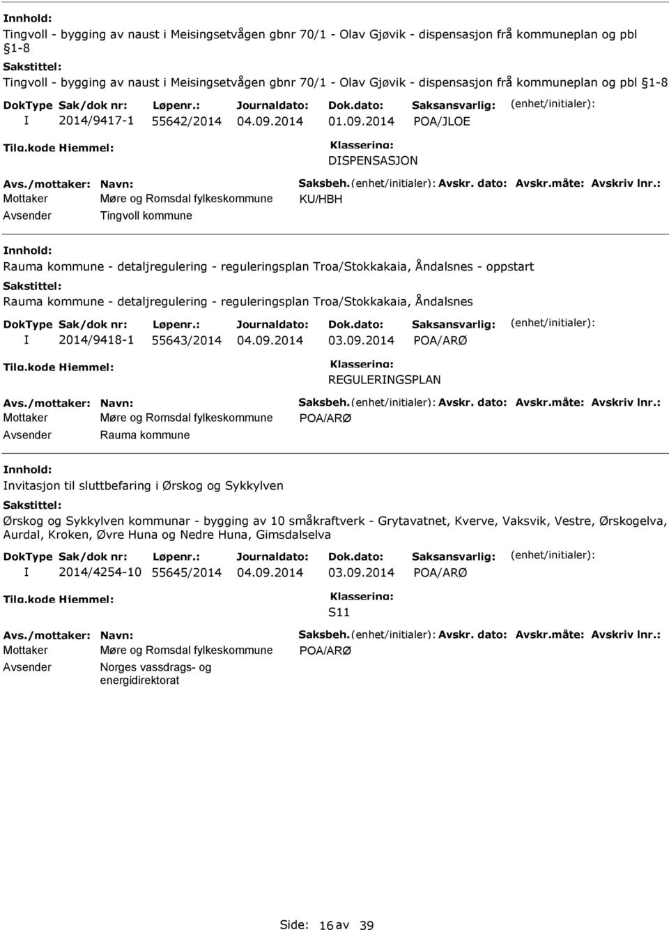 2014 POA/JLOE DSPENSASJON Mottaker Møre og Romsdal fylkeskommune K/HBH Tingvoll kommune nnhold: Rauma kommune - detaljregulering - reguleringsplan Troa/Stokkakaia, Åndalsnes - oppstart Rauma kommune