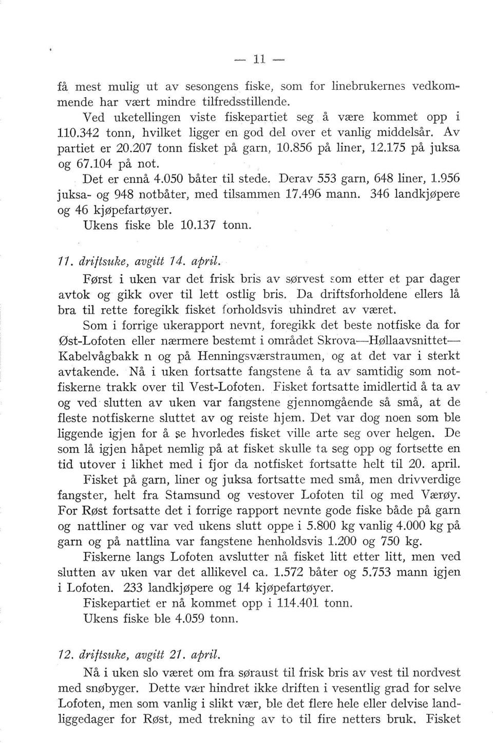 Derav 553 garn, 648 liner, 1.956 juksa og 948 notbåter, med tilsammen 17.496 mann. 346 landkjøpere og 46 kjøpefartøyer. Ukens fiske ble 10.137 tonn. 77. driftsake, avgitt 74. april.