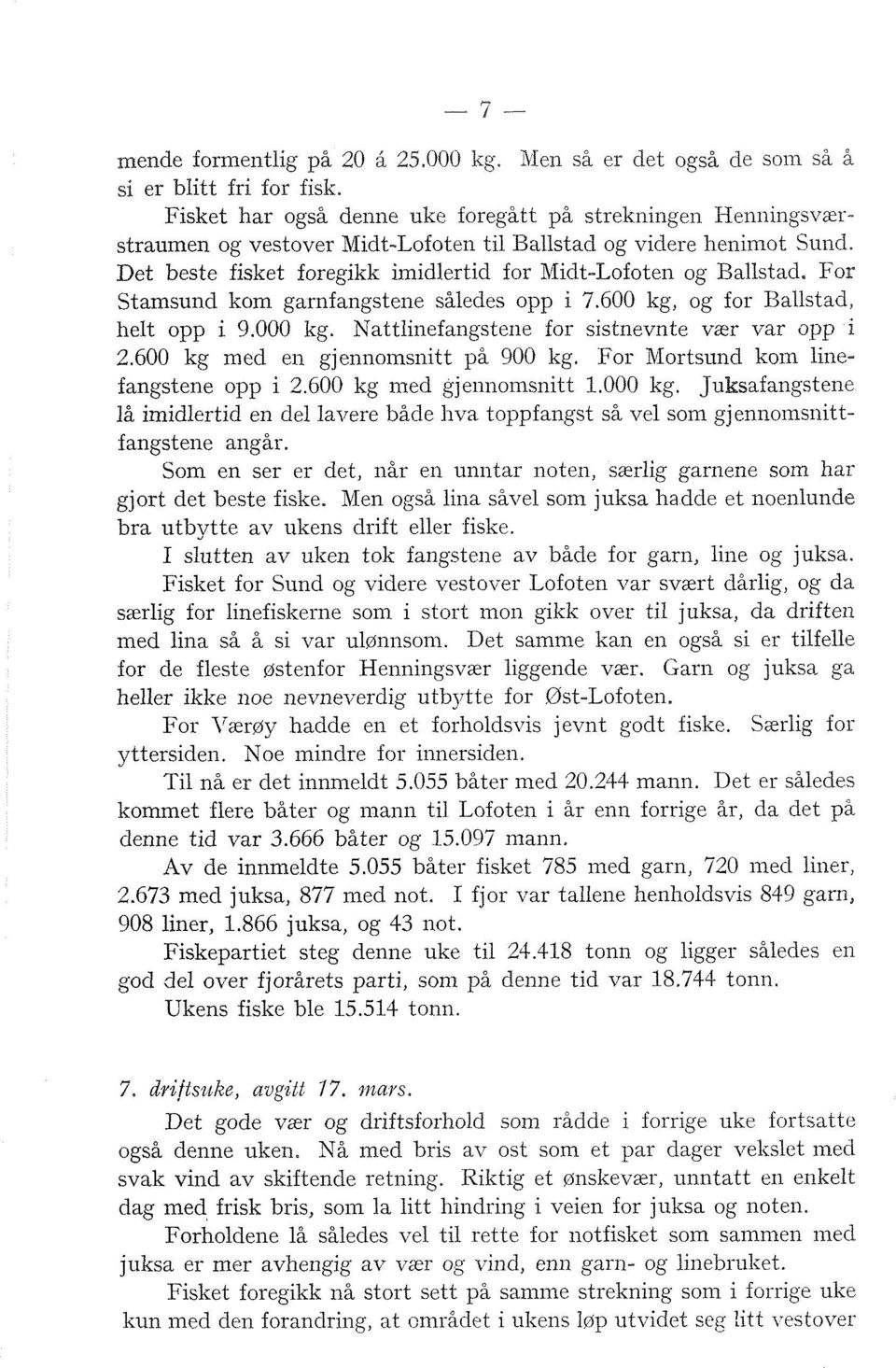 Det beste fisket foregikk imidlertid for MidtLofoten og Ballstad, For Stamsund kom garnfangstene således opp i 7.600 kg, og for Ballstad, helt opp i 9.000 kg.