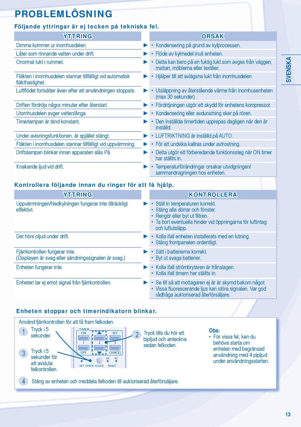 Utomhusdelen avger vatten/ånga. Timerlampan är tänd konstant. Under avisningsfunktionen, är spjället stängt. Fläkten i inomhusdelen stannar tillfälligt vid uppvärmning.