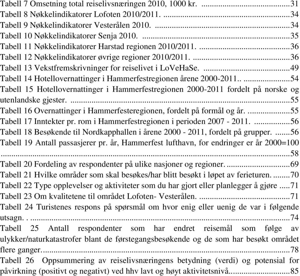 ... 36 Tabell 13 Vekstfremskrivninger for reiselivet i LoVeHaSe.... 49 Tabell 14 Hotellovernattinger i Hammerfestregionen årene 2000-2011.