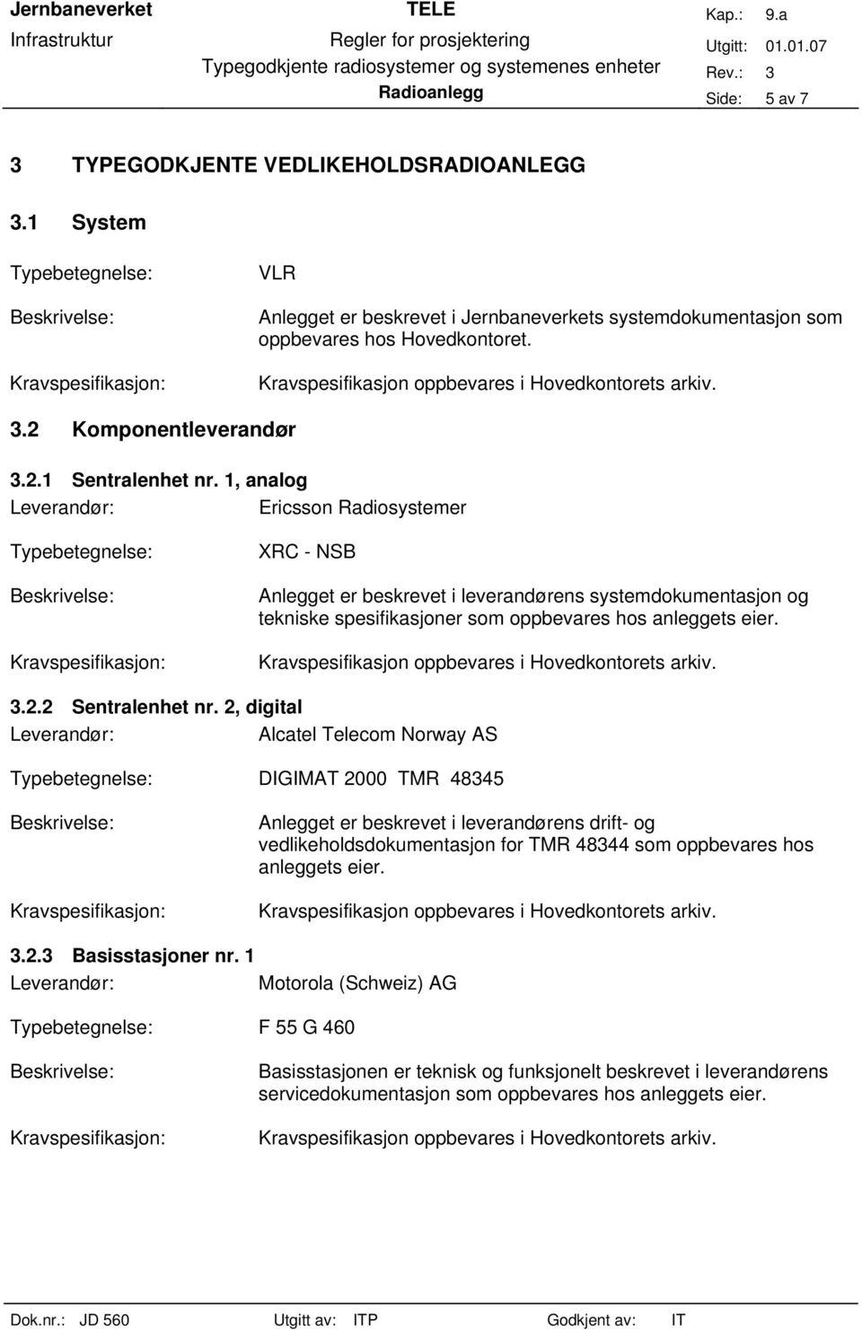 2, digital Alcatel Telecom Norway AS DIGIMAT 2000 TMR 48345 Anlegget er beskrevet i leverandørens drift- og vedlikeholdsdokumentasjon for TMR 48344 som oppbevares hos anleggets 3.2.3 Basisstasjoner nr.