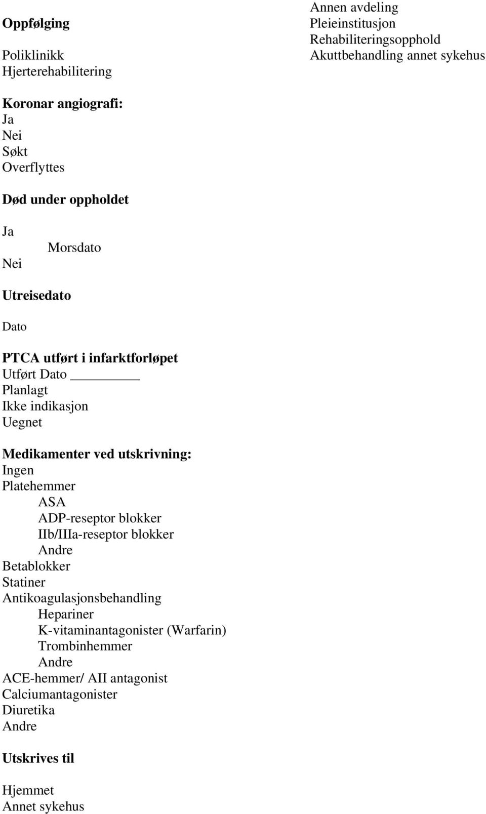 Uegnet Medikamenter ved utskrivning: Ingen Platehemmer ASA ADP-reseptor blokker IIb/IIIa-reseptor blokker Betablokker Statiner