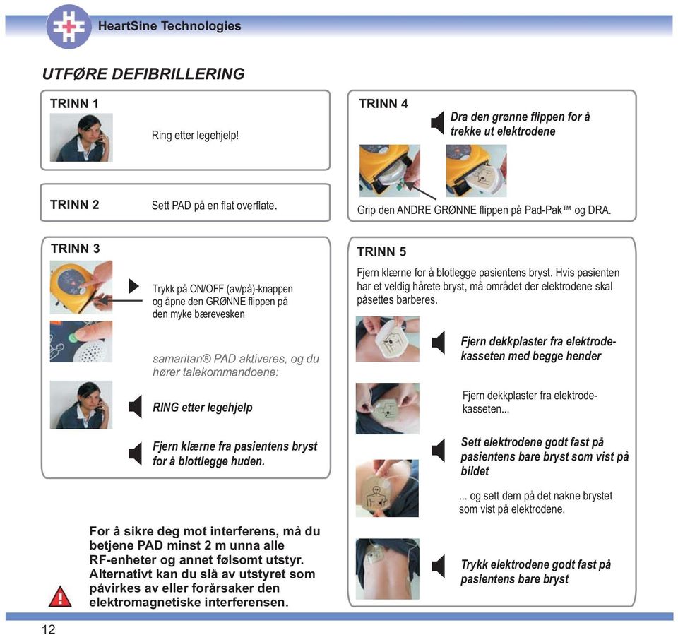TRINN 3 Trykk på ON/OFF (av/på)-knappen og åpne den GRØNNE flippen på den myke bærevesken samaritan PAD aktiveres, og du hører talekommandoene: RING etter legehjelp Fjern klærne fra pasientens bryst