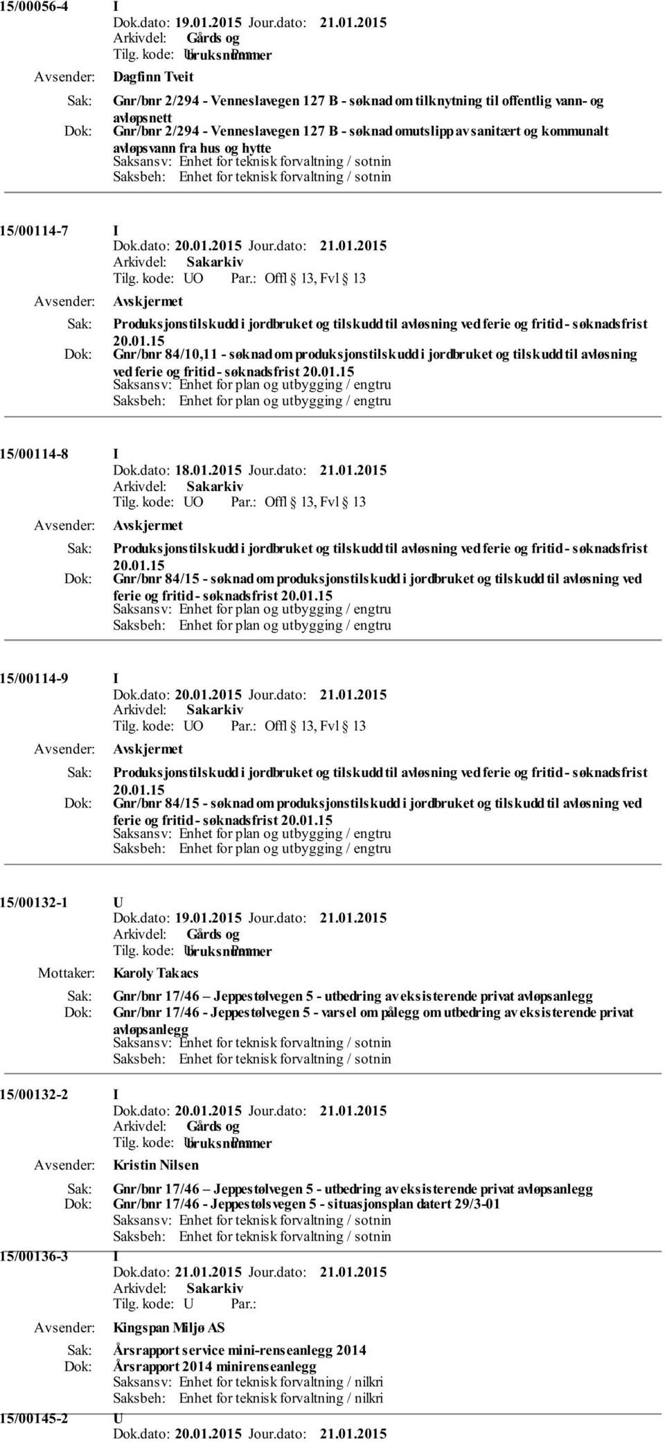 sanitært og kommunalt avløpsvann fra hus og hytte Saksansv: Enhet for teknisk forvaltning / sotnin Saksbeh: Enhet for teknisk forvaltning / sotnin 15/00114-7 I Produksjonstilskudd i jordbruket og