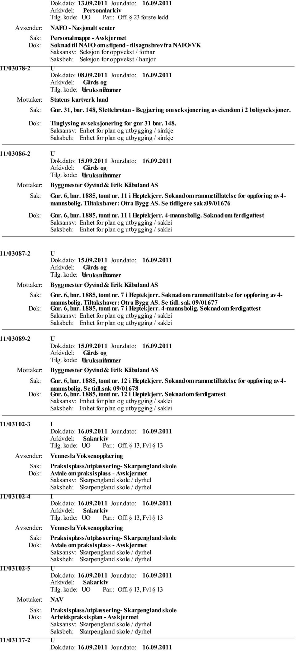 Tinglysing av seksjonering for gnr 31 bnr. 148. Saksansv: Enhet for plan og utbygging / simkje Saksbeh: Enhet for plan og utbygging / simkje 11/03086-2 U Byggmester Øyvind & Erik Kåbuland AS Gnr.