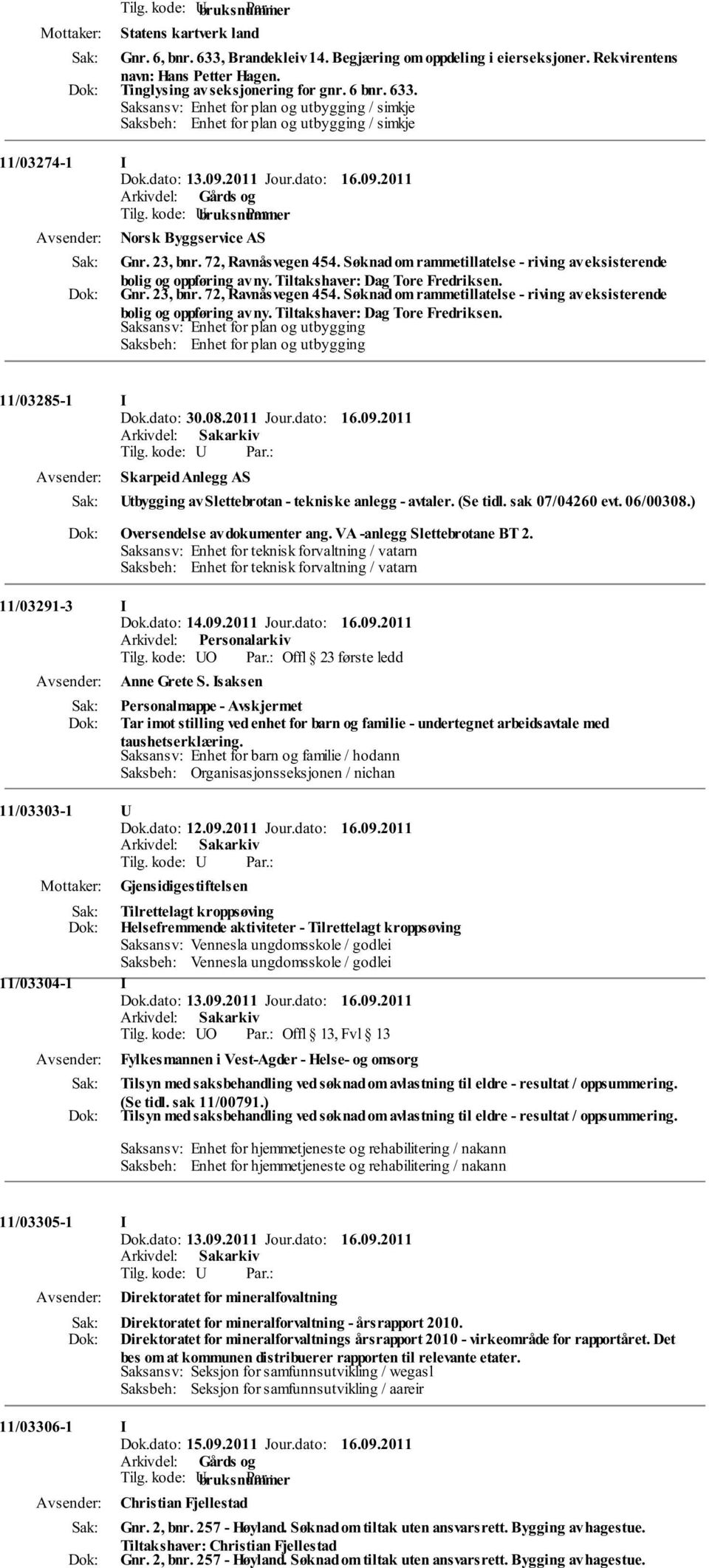 Gnr.  Saksansv: Enhet for plan og utbygging Saksbeh: Enhet for plan og utbygging 11/03285-1 I Dok.dato: 30.08.2011 Jour.dato: 16.09.2011 Tilg.