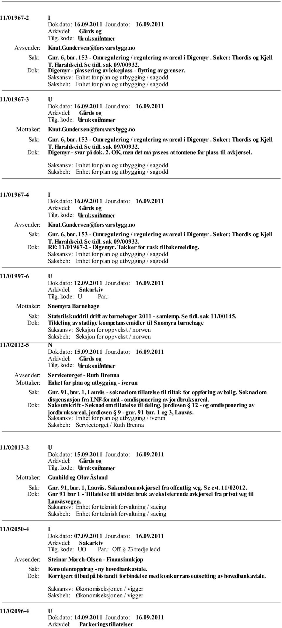 153 - Omregulering / regulering av areal i Digemyr. Søker: Thordis og Kjell T. Haraldseid. Se tidl. sak 09/00932. Digemyr - svar på dok. 2. OK, men det må påsees at tomtene får plass til avkjørsel.