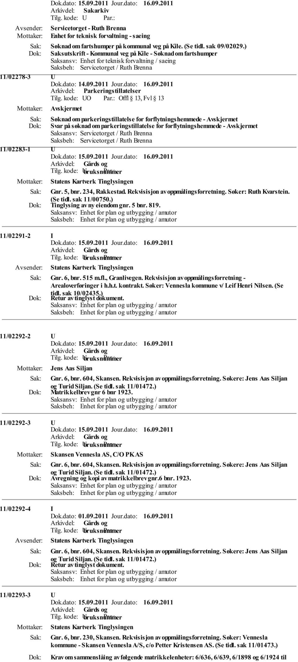 kode: UO Offl 13, Fvl 13 Søknad om parkeringstillatelse for forflytningshemmede - Svar på søknad om parkeringstillatelse for forflytningshemmede - Saksansv: Servicetorget / Ruth Brenna 11/02283-1 U